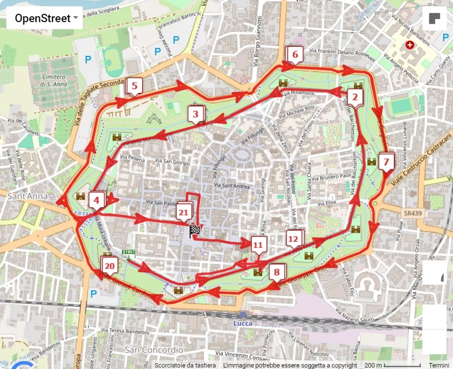9^ Lucca Half Marathon, 21.0975 km race course map