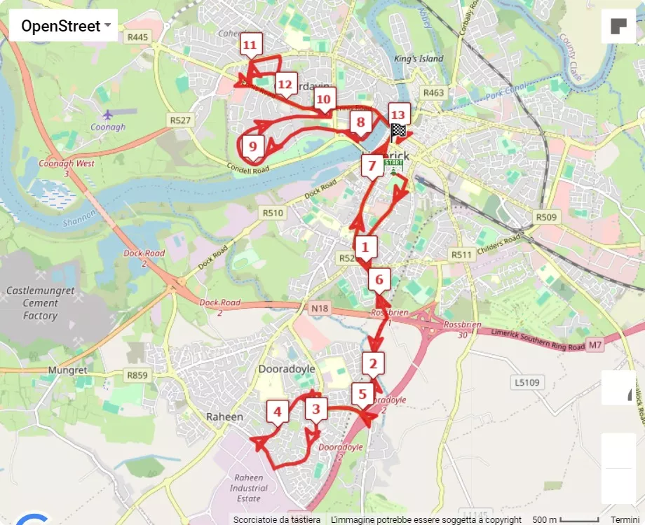 Great Limerick Run, 21.0975 km race course map