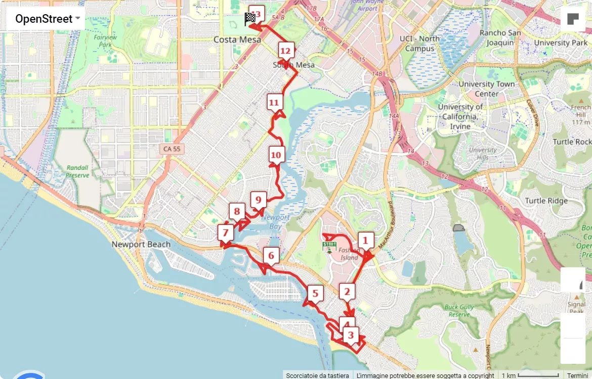 Orange County Marathon, 21.0975 km race course map