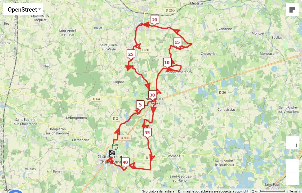 mappa percorso di gara Marathon Bresse Dombes