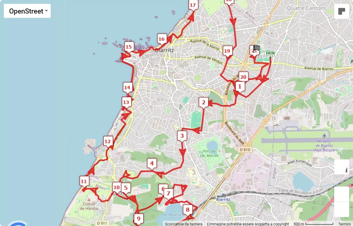 International Marathon of Biarritz, 21.0975 km race course map