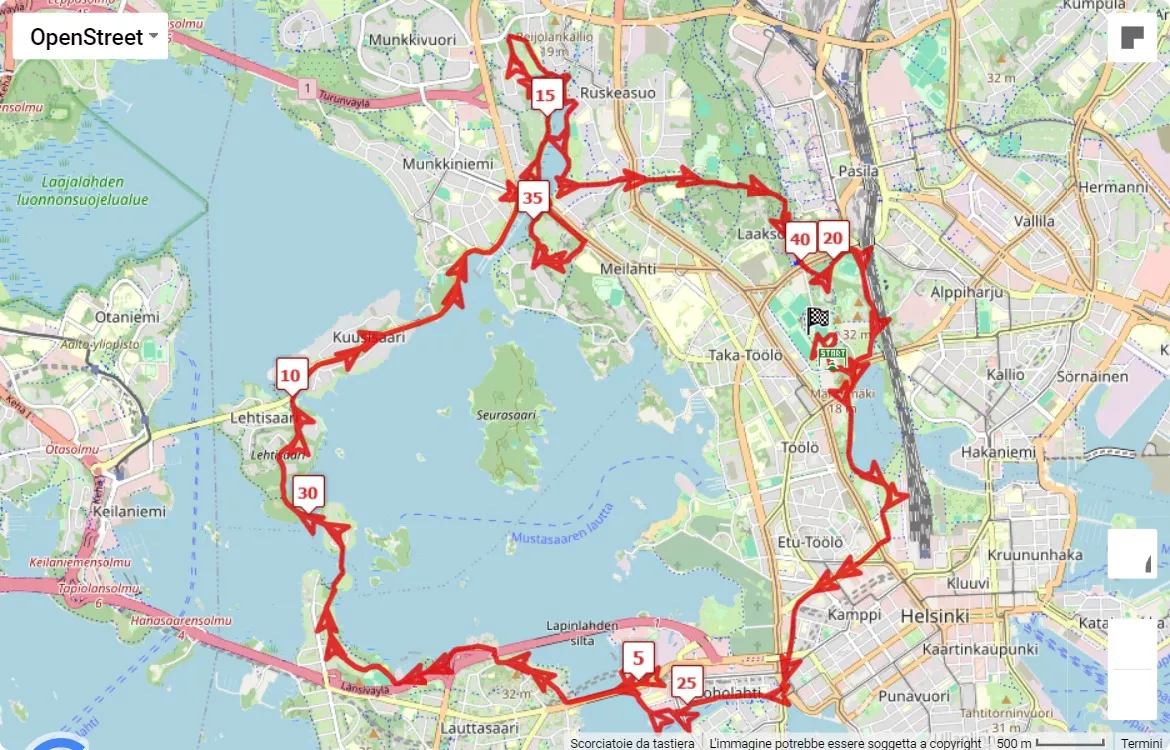 Helsinki City Running Day, mappa percorso gara 42.195 km
