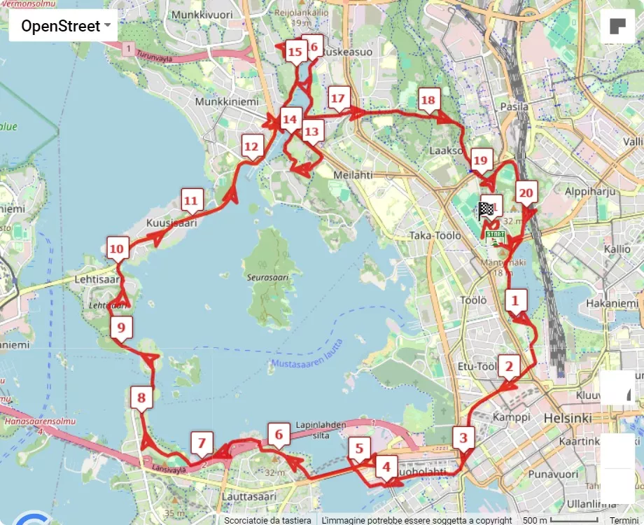 Helsinki City Running Day, mappa percorso gara 21.0975 km
