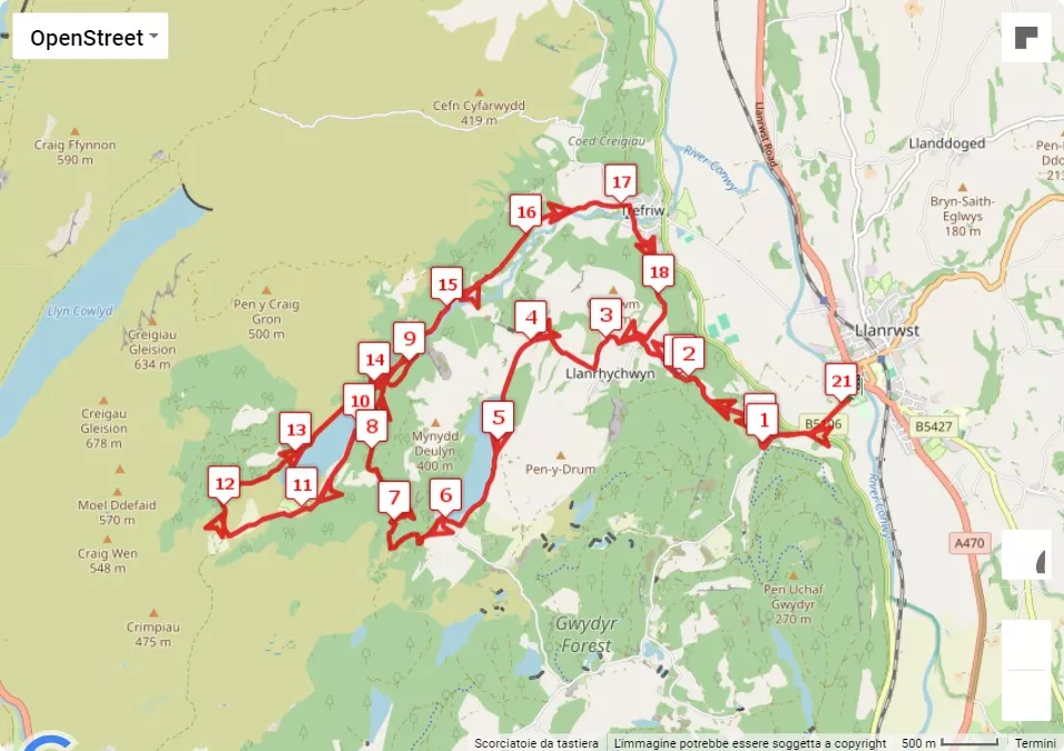 Snowdonia Half Marathon, 21.0975 km race course map