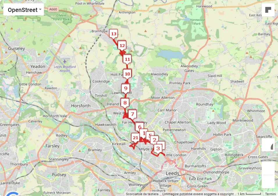 Leeds Half Marathon, 21.0975 km race course map