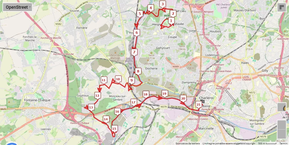 Marathon International de Charleroi Métropole, 21.0975 km race course map