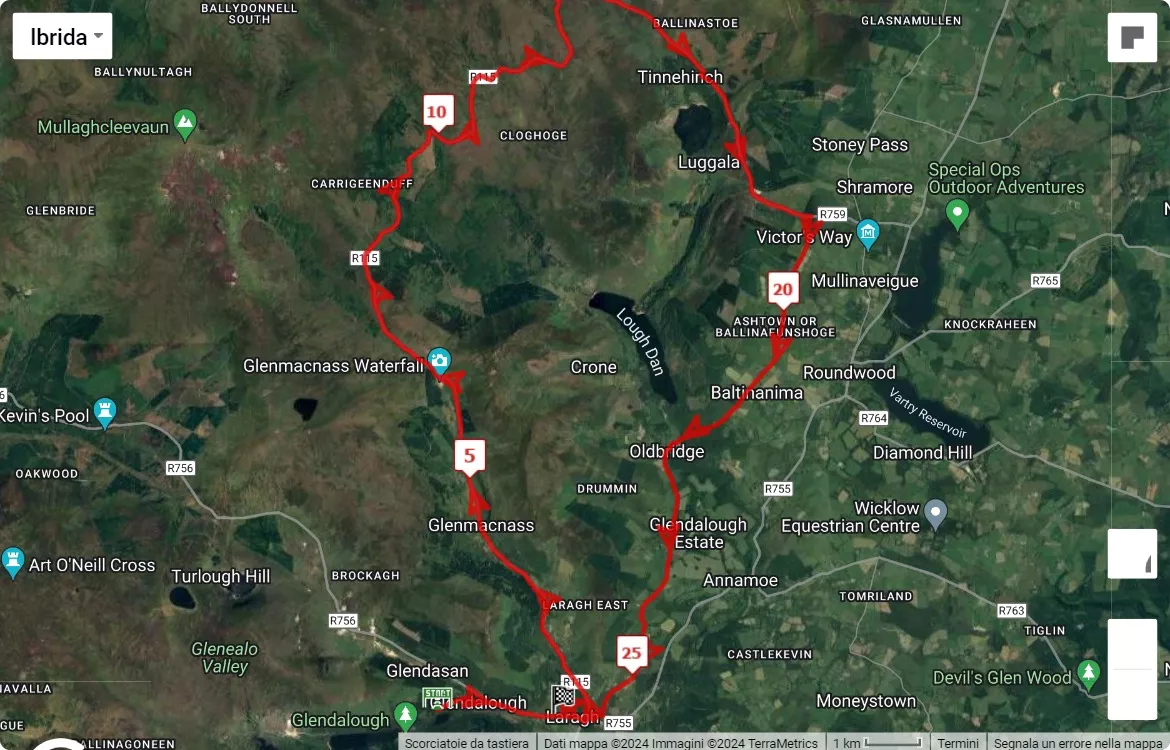 mappa percorso di gara Glendalough Lap of the Gap Marathon