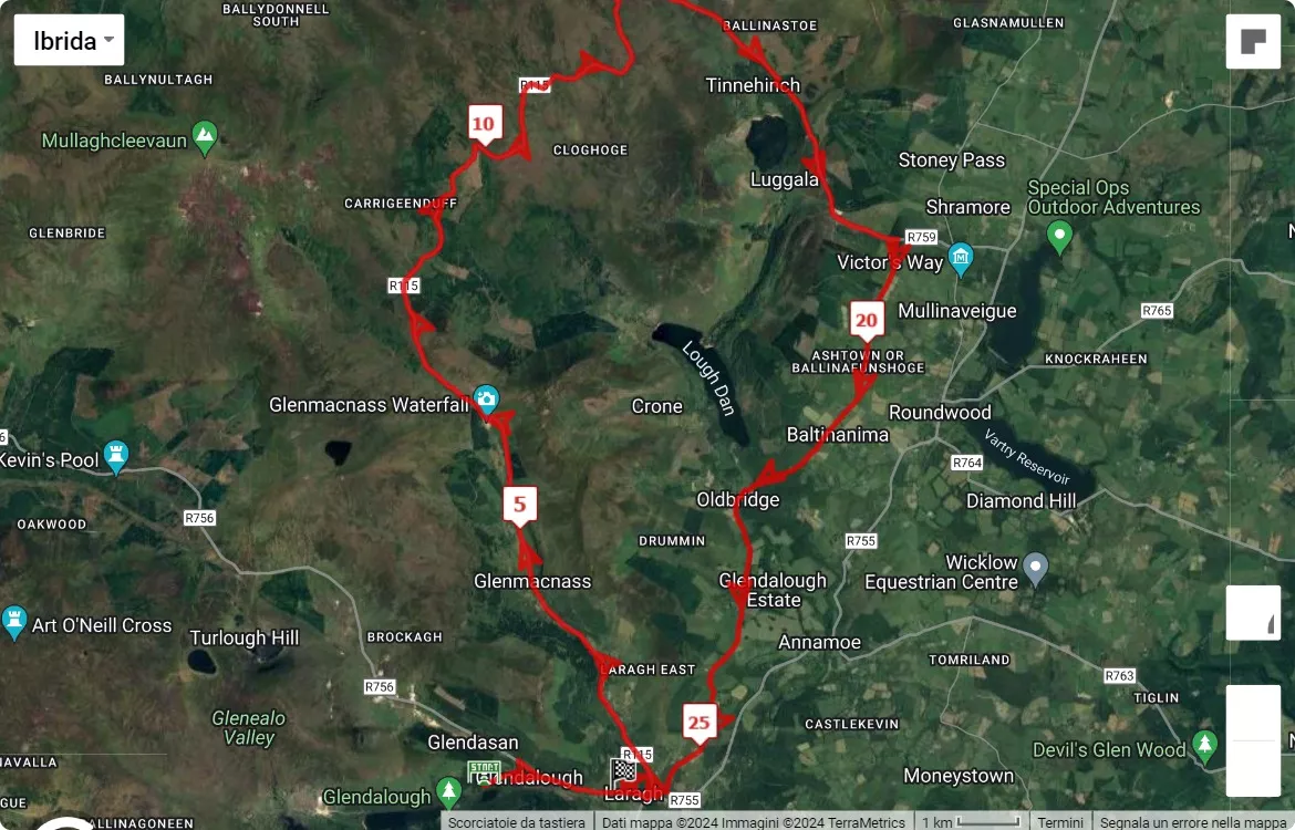 Glendalough Lap of the Gap Marathon, 42.195 km race course map