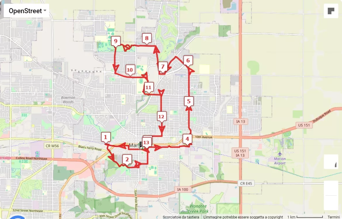 Marion Arts Festival Half & 5k, 21.0975 km race course map