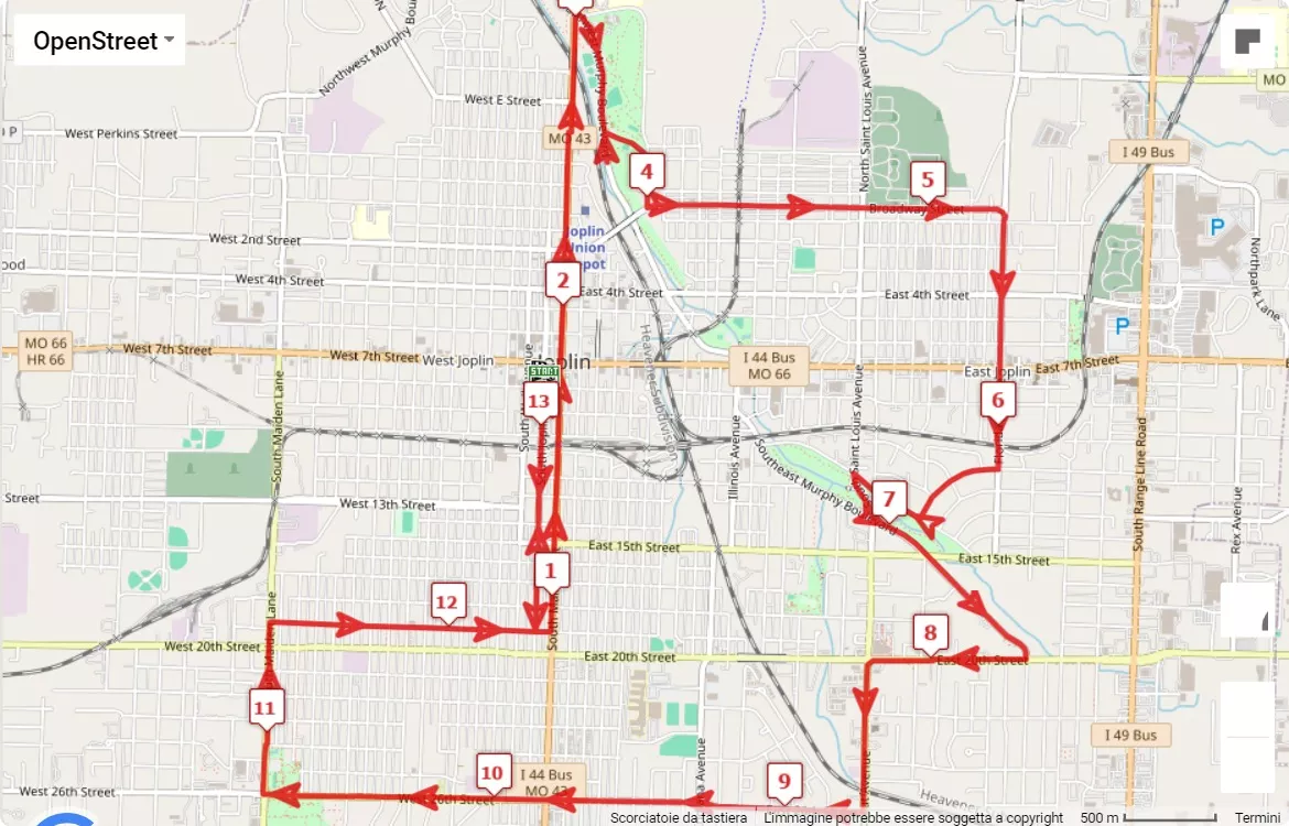 mappa percorso di gara Joplin Memorial Run