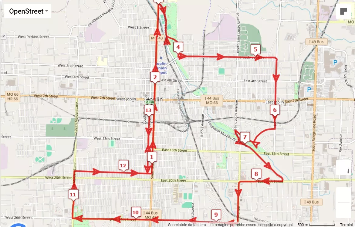 Joplin Memorial Run, mappa percorso gara 21.0975 km