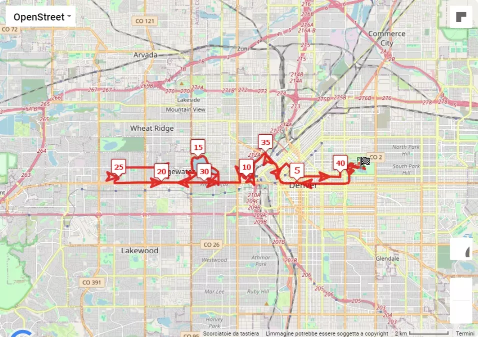 Denver Colfax Marathon 2024, 42.195 km race course map
