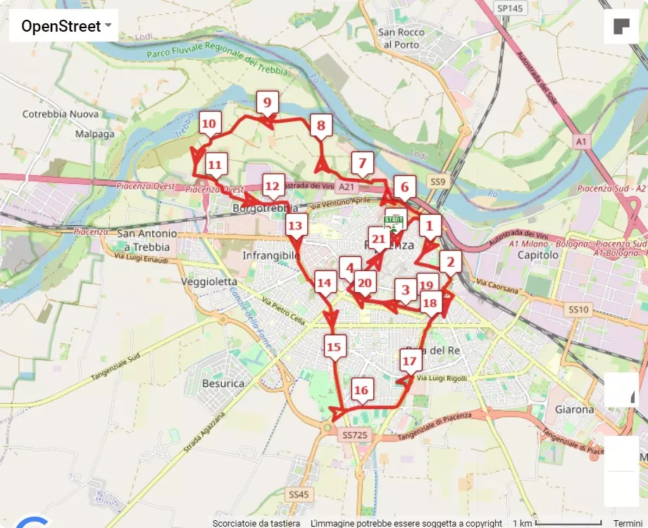 mappa percorso di gara 27^ Placentia Half Marathon