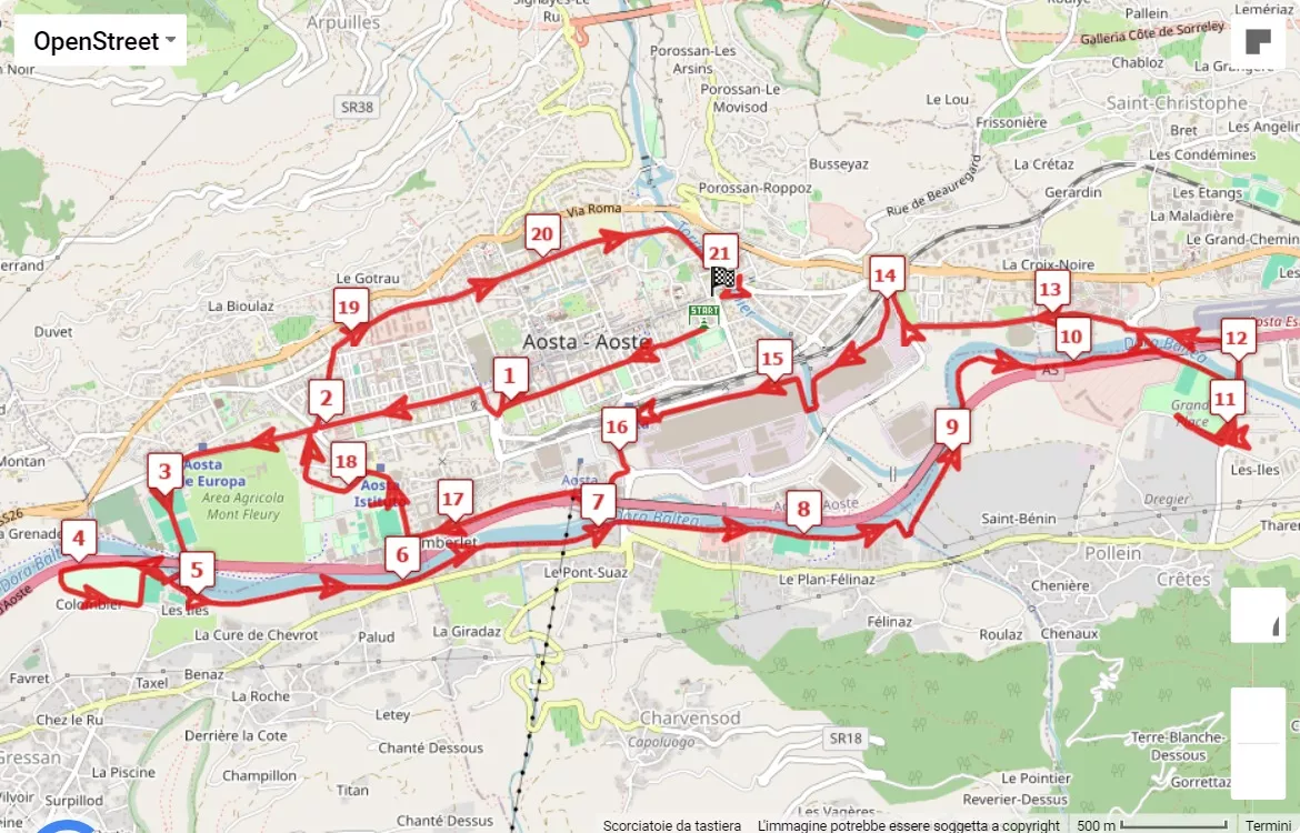 Aosta21K, mappa percorso gara 21.0975 km