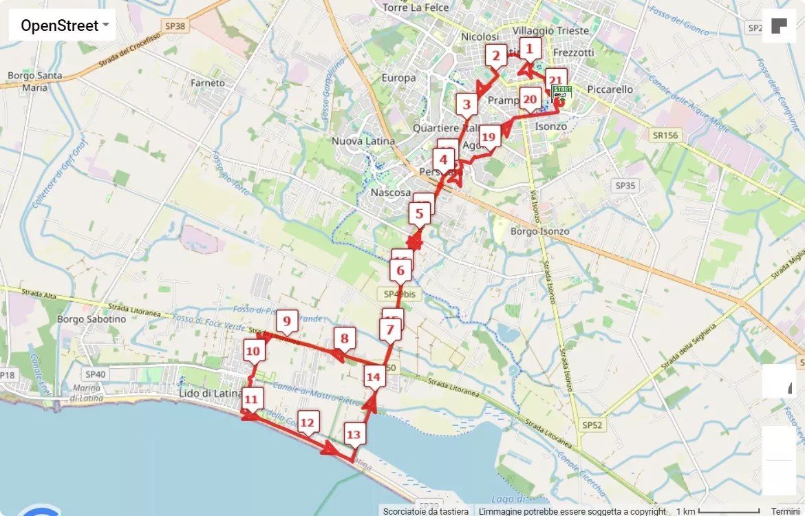 mappa percorso di gara 22° Mezza Maratona di Latina