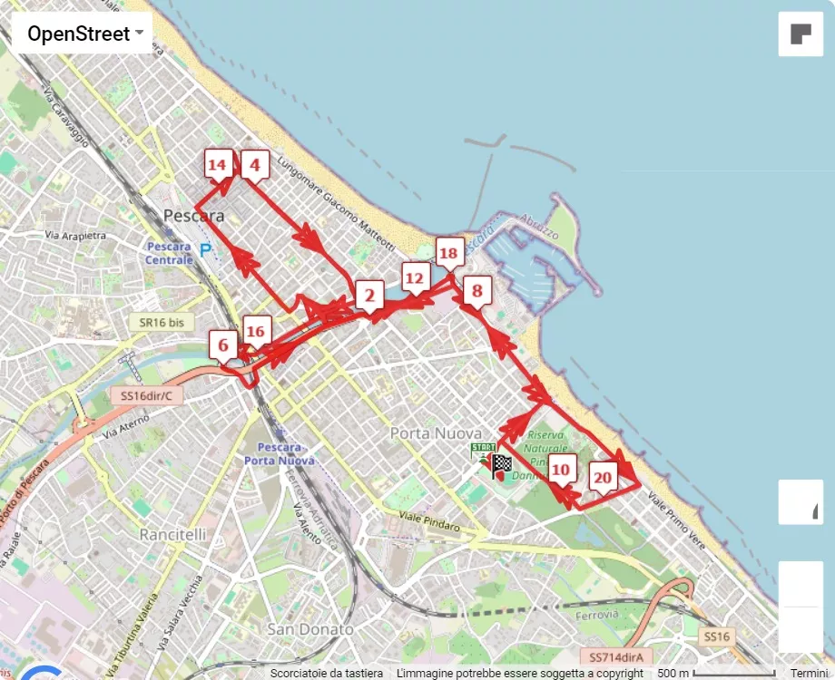 Pescara Half Marathon 2024, 21.0975 km race course map