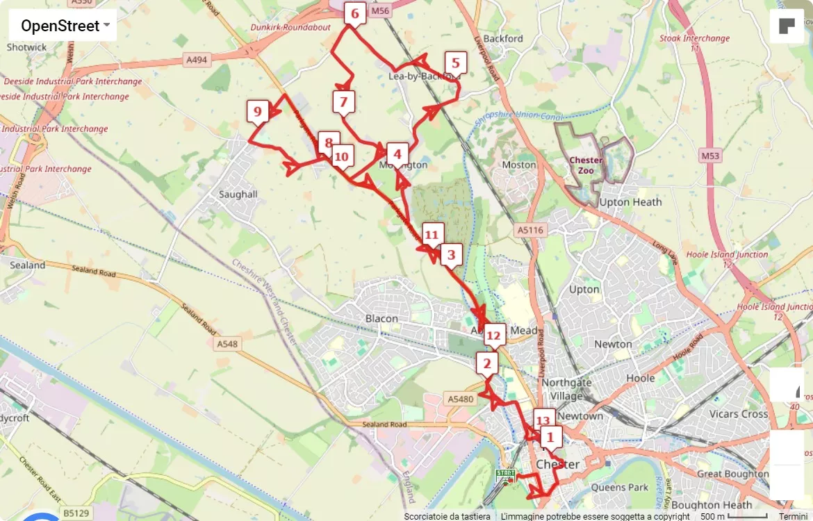 Essar Chester Half Marathon, mappa percorso gara 21.0975 km