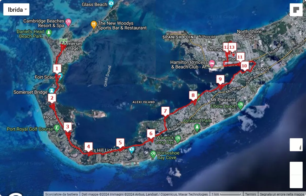 Bermuda Half Marathon Derby 2024, 21.0975 km race course map