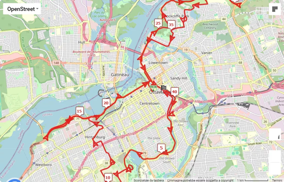 mappa percorso di gara Tartan Ottawa International Marathon