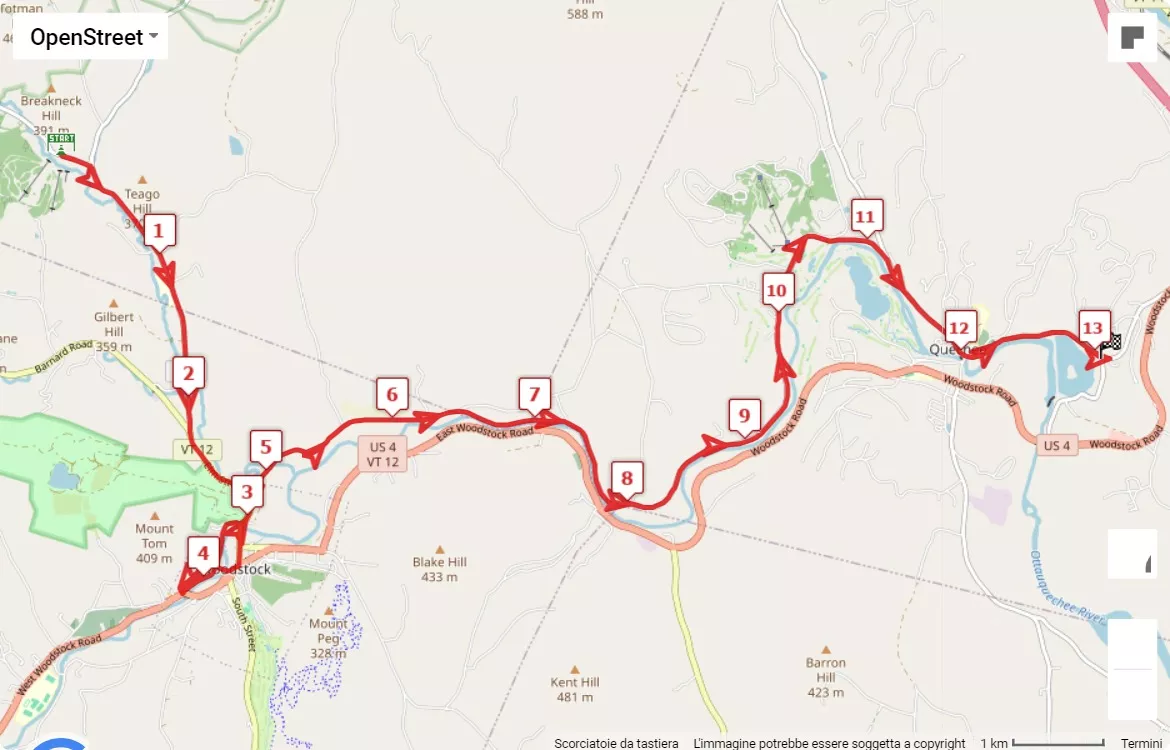 Covered Bridges Half Marathon, 21.0975 km race course map