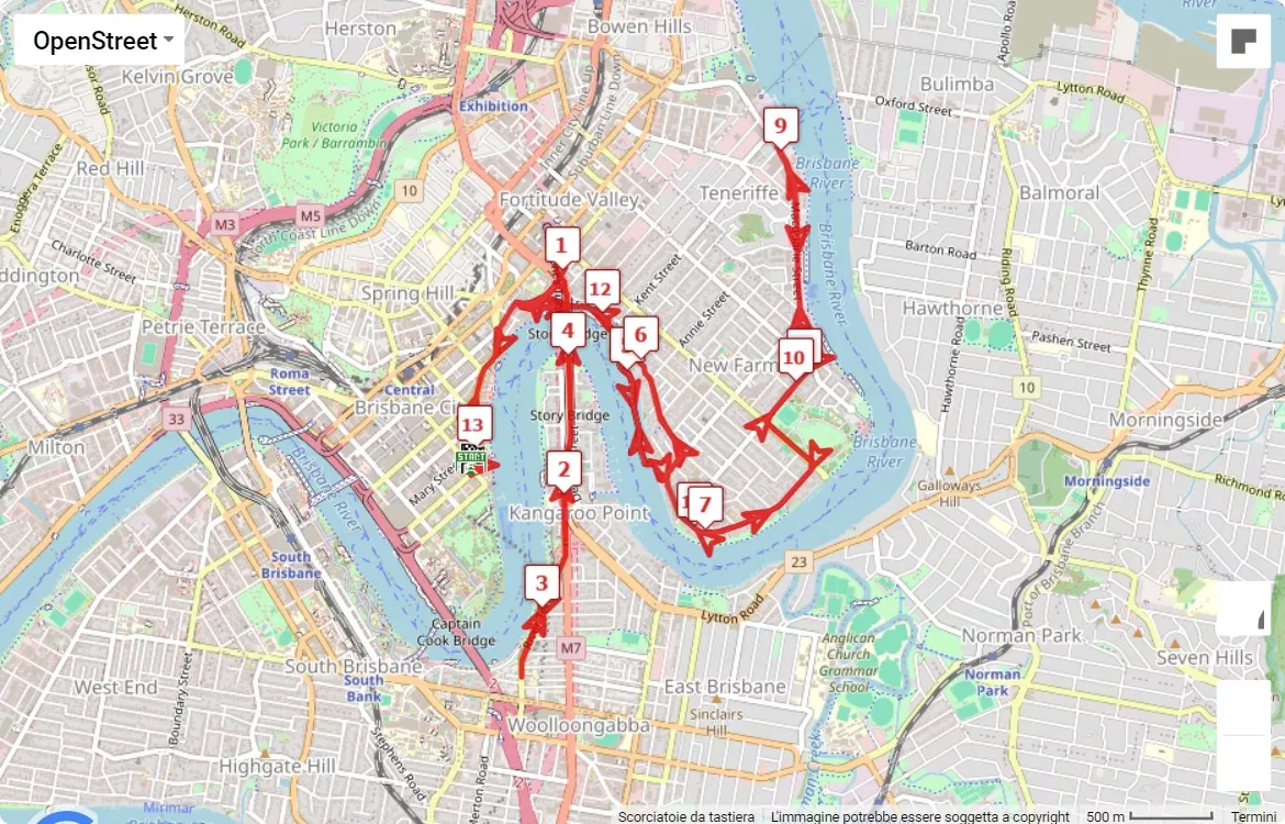 Brisbane Marathon Festival, 21.0975 km race course map