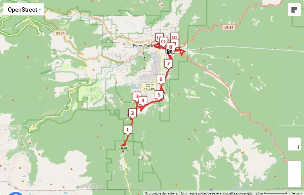 Estes Park Marathon & Half Marathon, mappa percorso gara 21.0975 km