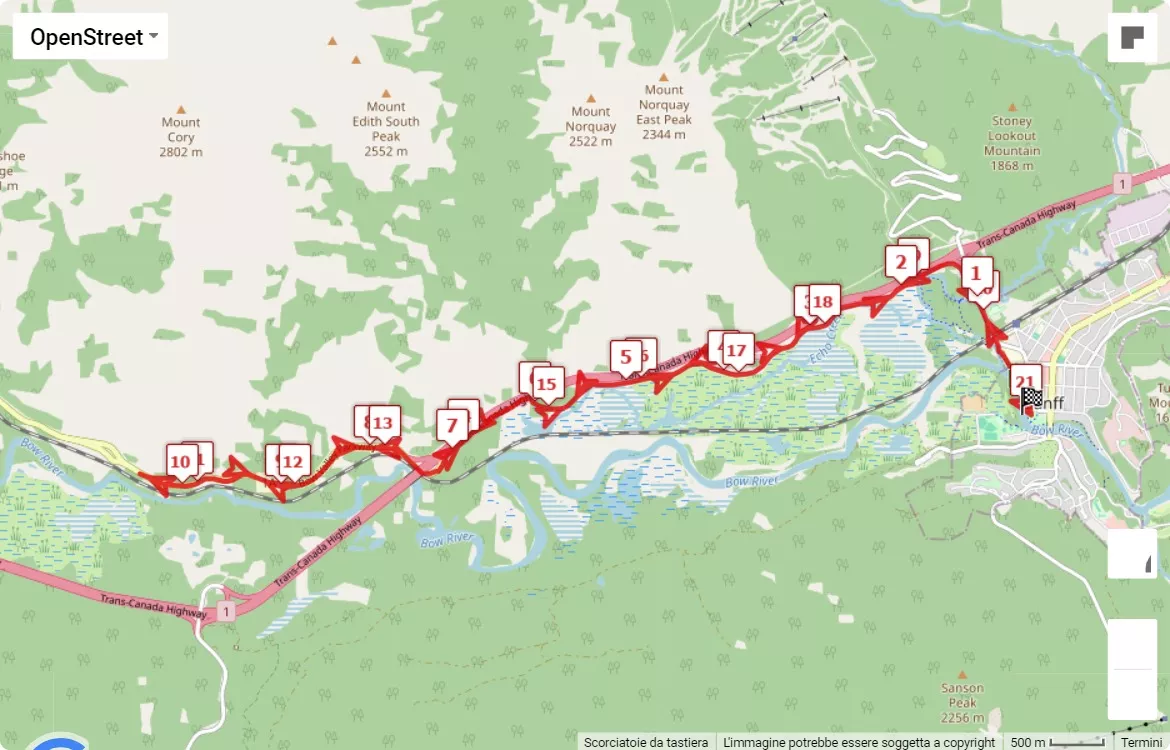 Banff Marathon, Half Marathon and 10K, 21.0975 km race course map