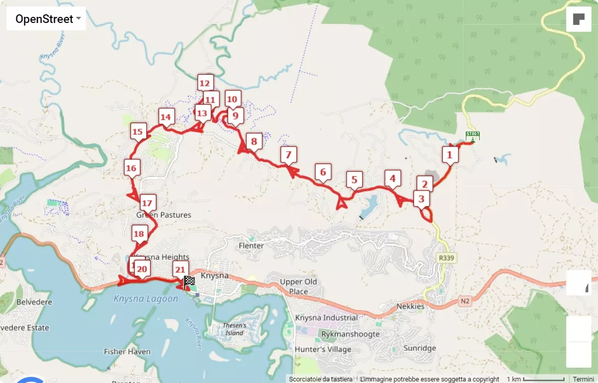 Knysna Forest Marathon, 21.0975 km race course map