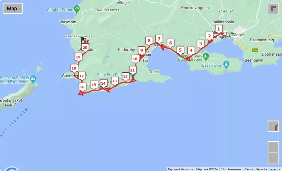 Dingle Full and Half Marathon 2024, 21.0975 km race course map