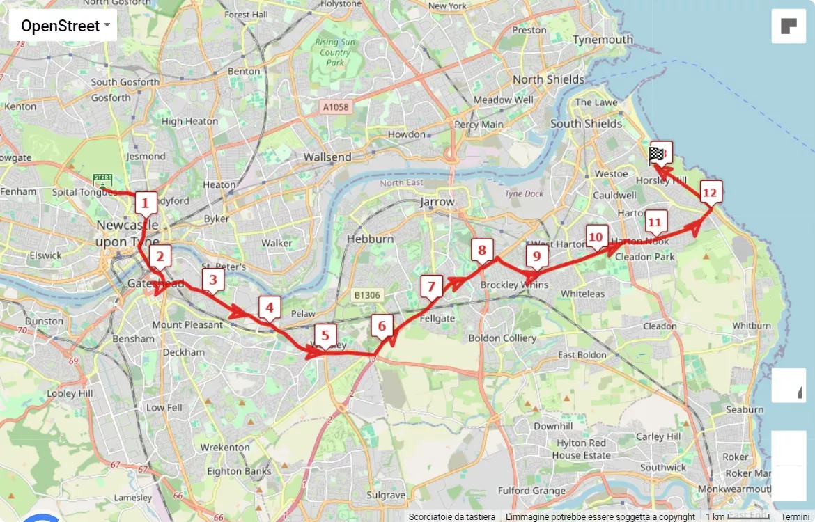 AJ Bell Great North Run, 21.0975 km race course map