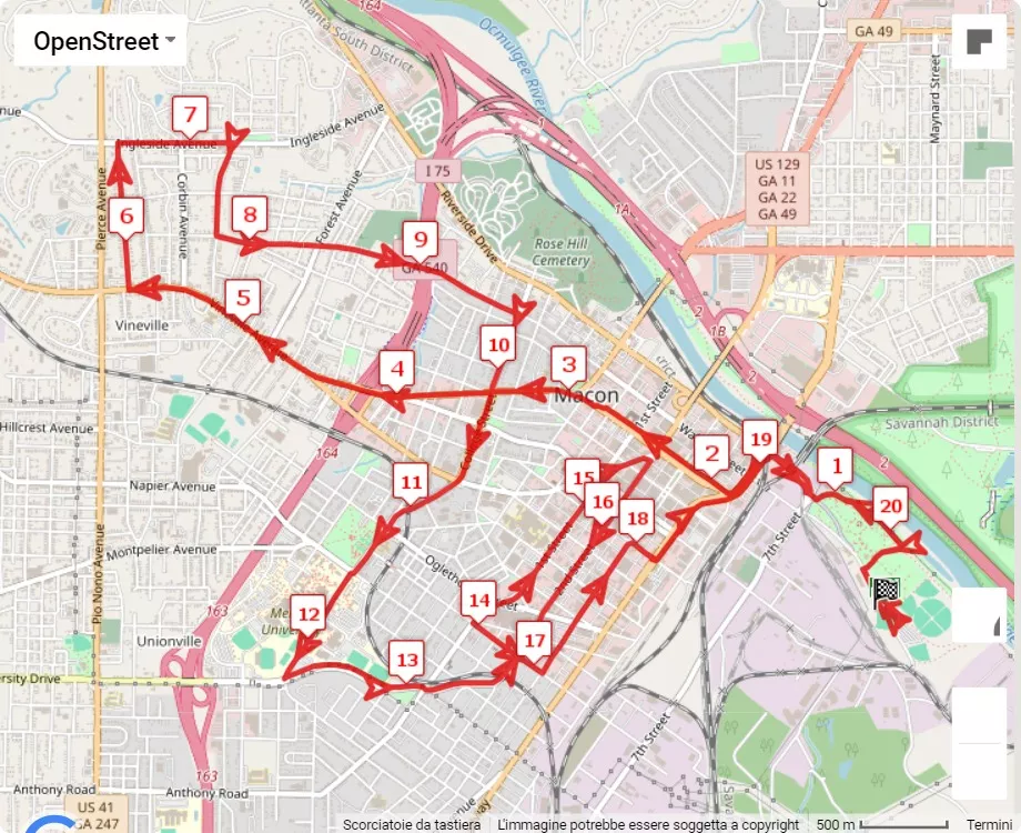 race course map Macon Music Half Marathon 2024