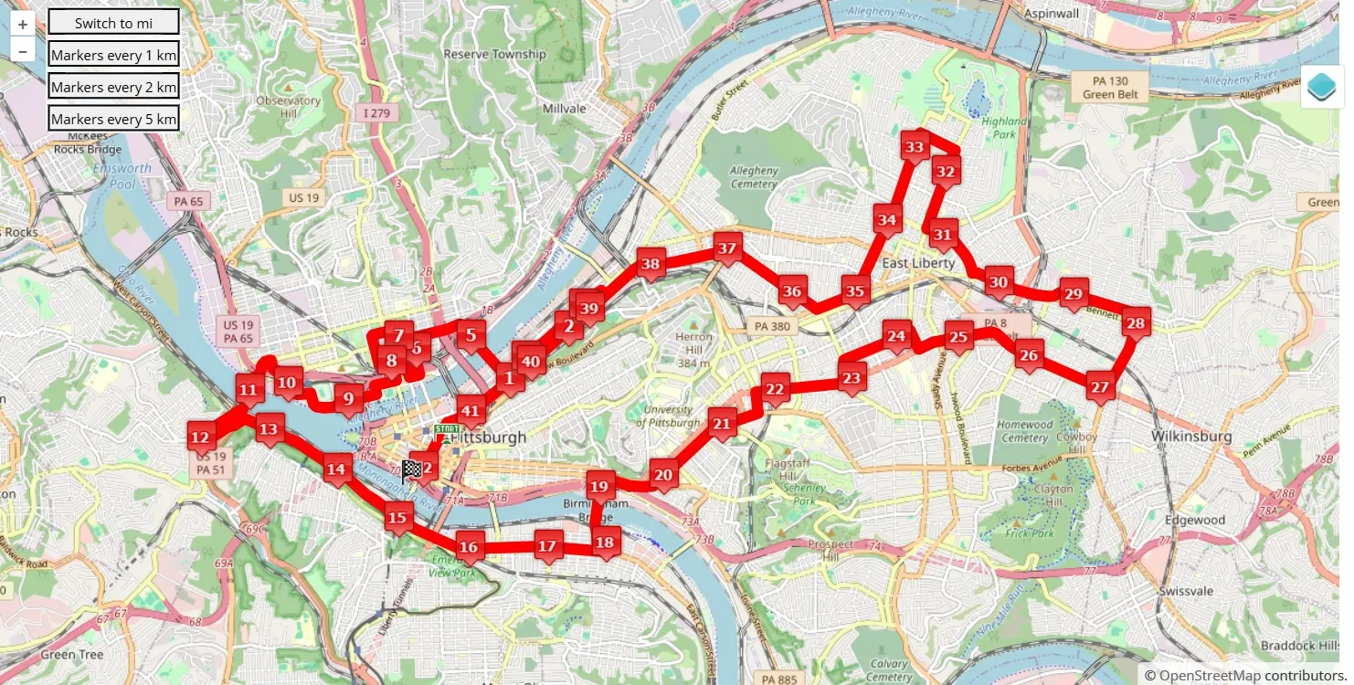 mappa percorso di gara DICK'S Sporting Goods Pittsburgh Marathon 2025