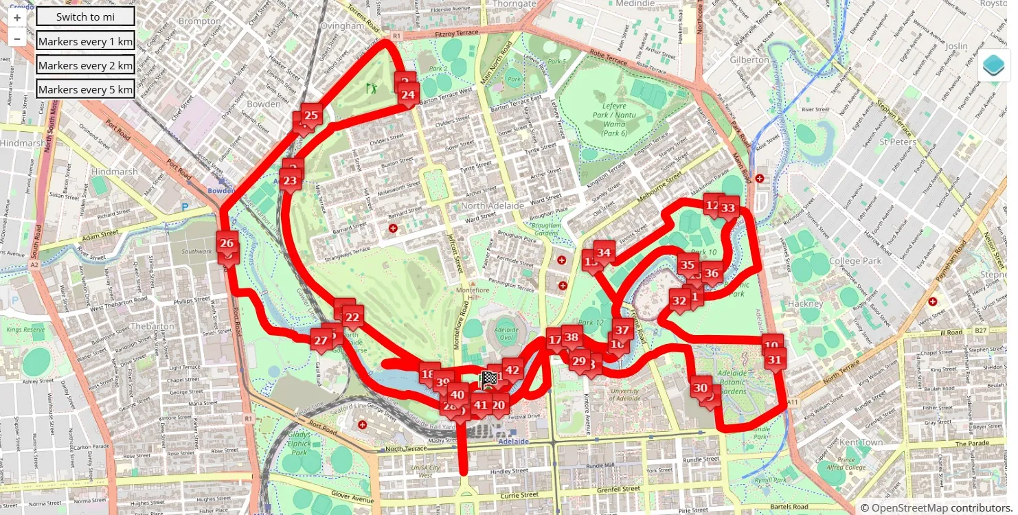mappa percorso di gara Adelaide Marathon Festival 2025