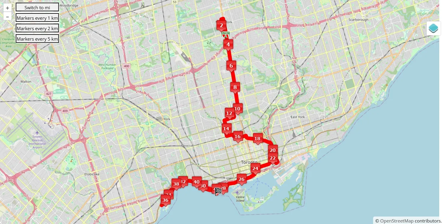mappa percorso di gara Toronto Marathon 2025
