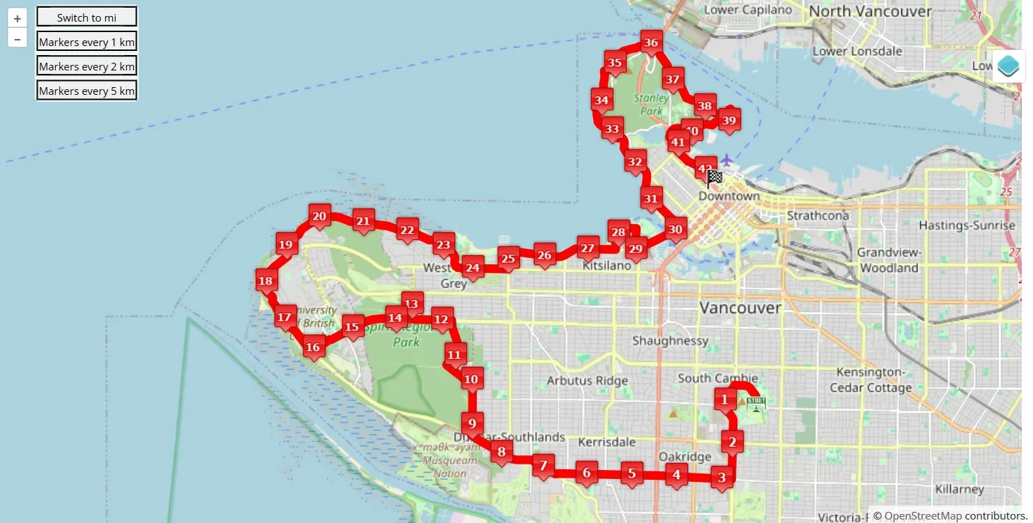 mappa percorso di gara Vancouver Marathon & Half Marathon 2025