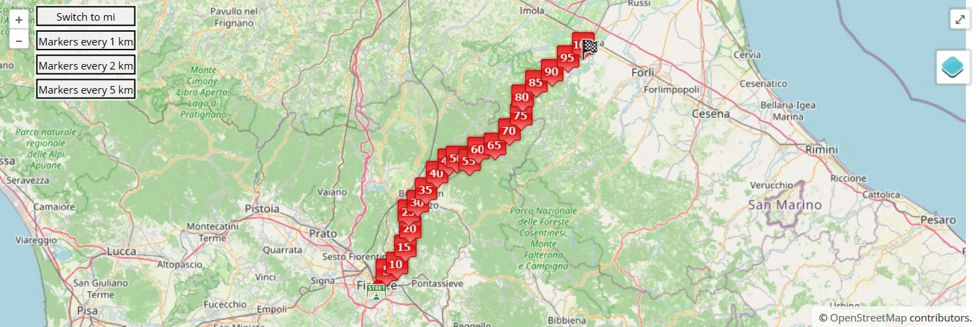 race course map per 100 km del Passatore 2026