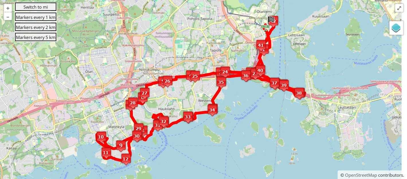 race course map per Espoo Rantamaraton 2026