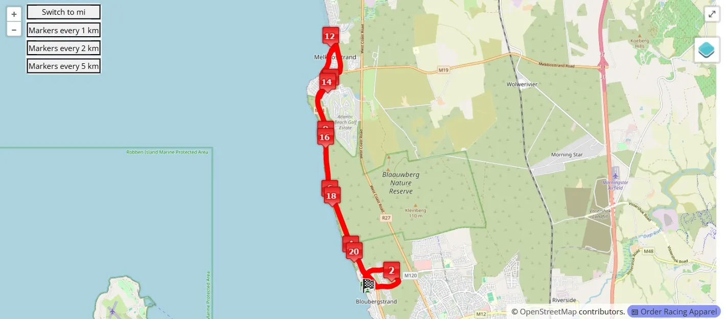 Vista previa de la ruta Intercare Blouberg Marathon 2026