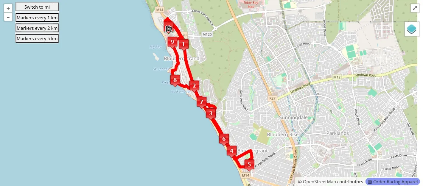 Vista previa de la ruta Intercare Blouberg Marathon 2026