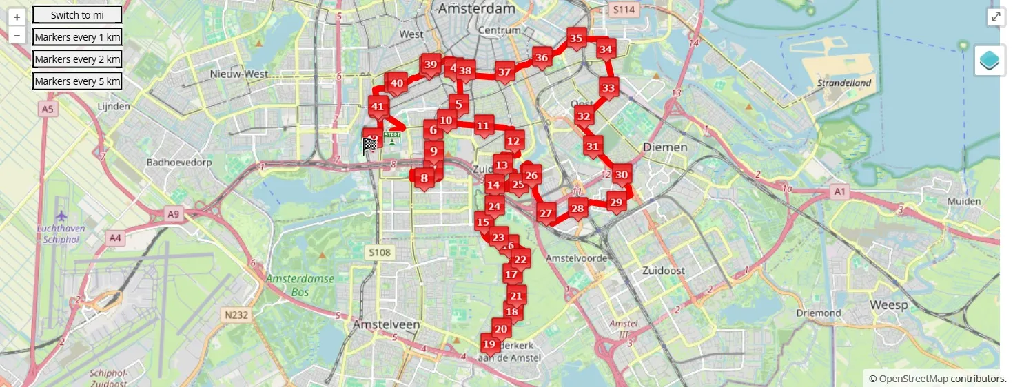 race course map per TCS Amsterdam Marathon 2026
